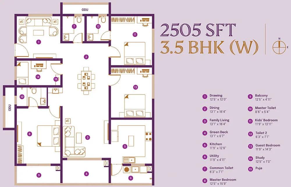 ASBL Landmark 3.5 BHK floor plan, about 2,505 sq ft