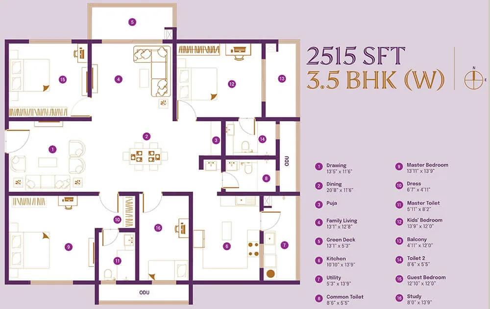 ASBL Landmark 3.5 BHK floor plan, about 2,515 sq ft