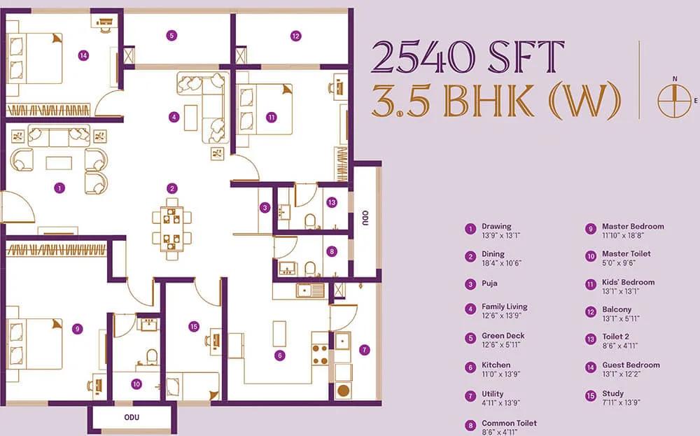 ASBL Landmark 3.5 BHK floor plan, about 2,540 sq ft