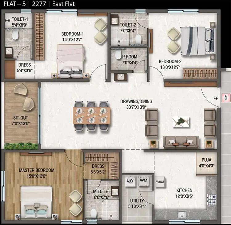 DSR Altitudes 3 BHK floor plan, about 2,277 sq ft