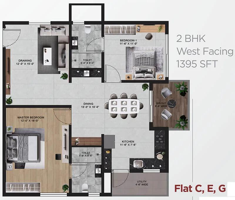 Vian Mrida Apartments 2 BHK floor plan, about 1,395 sq ft