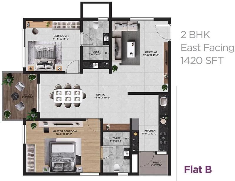 Vian Mrida Apartments 2 BHK floor plan, about 1,420 sq ft