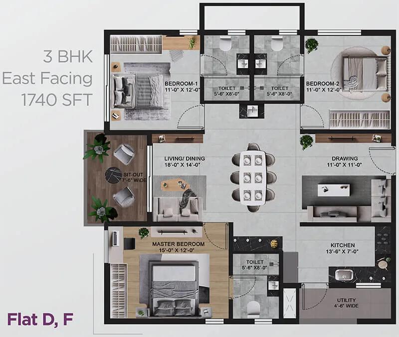 Vian Mrida Apartments 3 BHK floor plan, about 1,740 sq ft