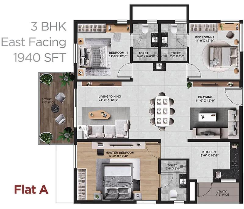 Vian Mrida Apartments 3 BHK floor plan, about 1,940 sq ft
