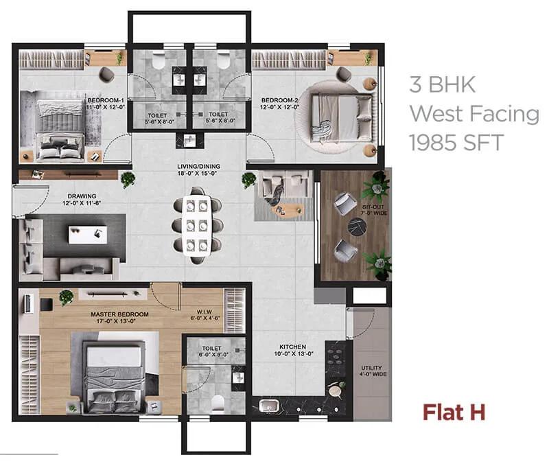 Vian Mrida Apartments 3 BHK floor plan, about 1,985 sq ft