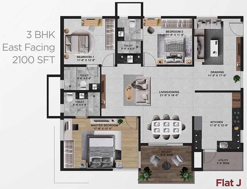 Vian Mrida Apartments 3 BHK floor plan, about 2,100 sq ft