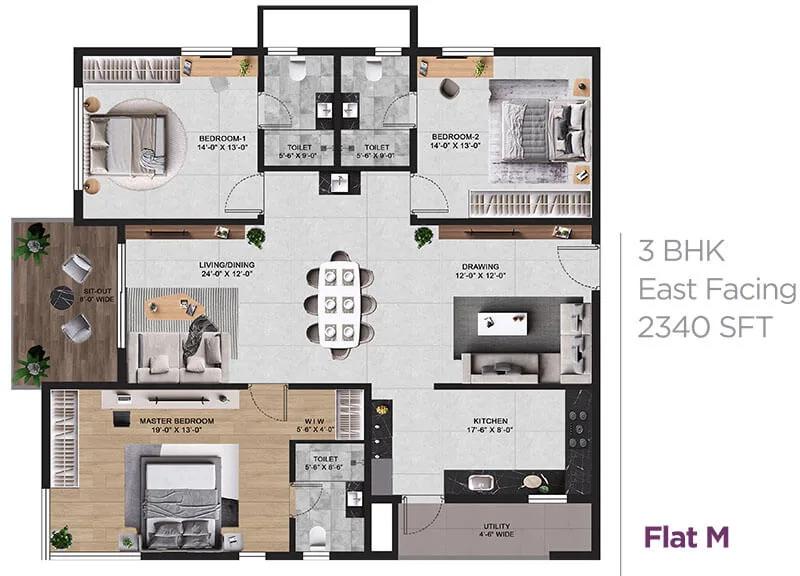 Vian Mrida Apartments 3 BHK floor plan, about 2,340 sq ft