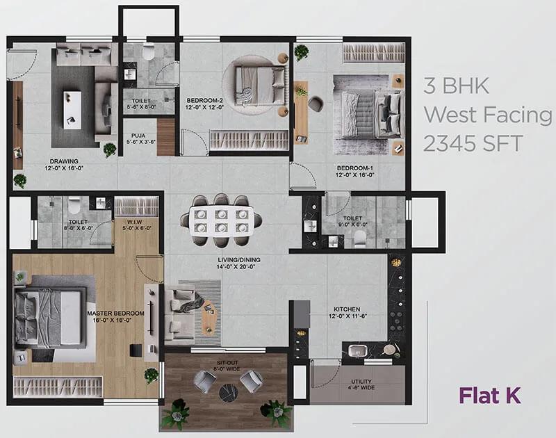 Vian Mrida Apartments 3 BHK floor plan, about 2,345 sq ft