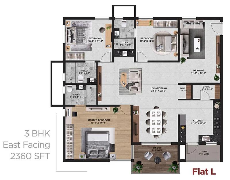 Vian Mrida Apartments 3 BHK floor plan, about 2,360 sq ft