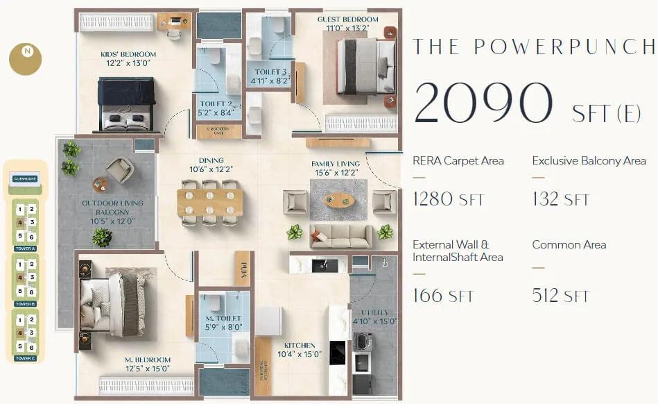 ASBL Broadway 3 BHK floor plan, about 2,090 sq ft