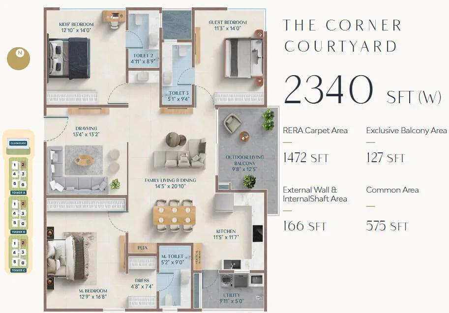 ASBL Broadway 3 BHK floor plan, about 2,340 sq ft