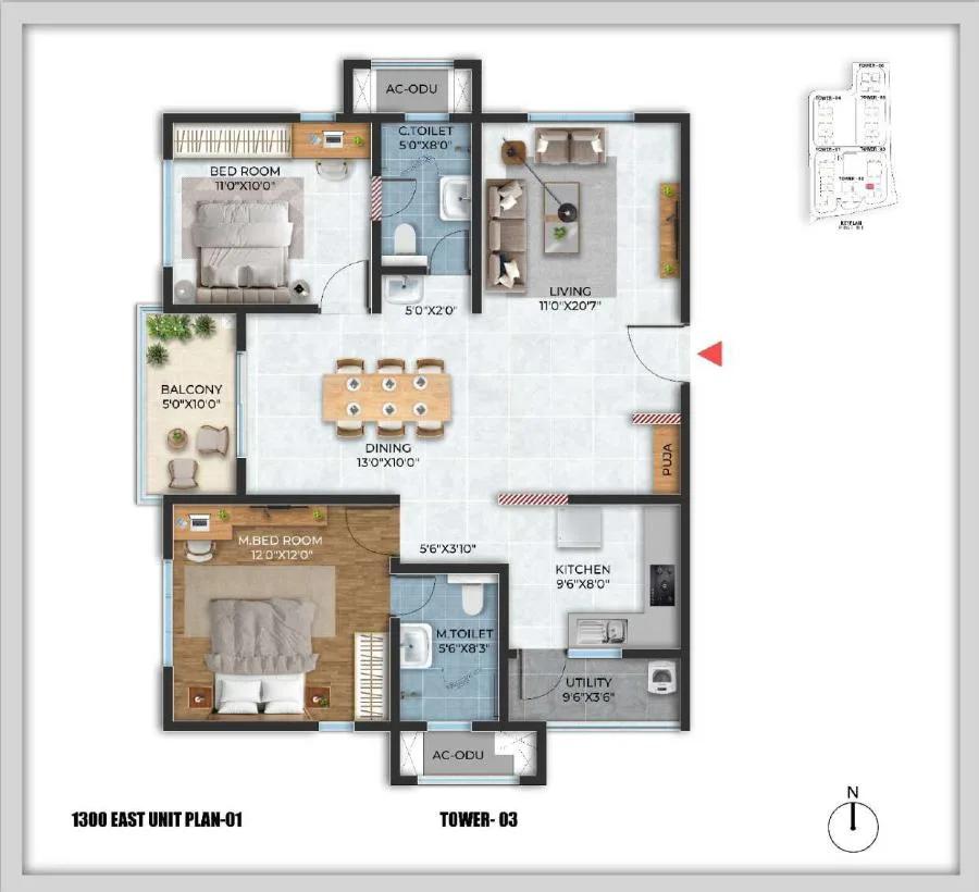 Cybercity Stone Ridge 2 BHK floor plan, about 1,300 sq ft