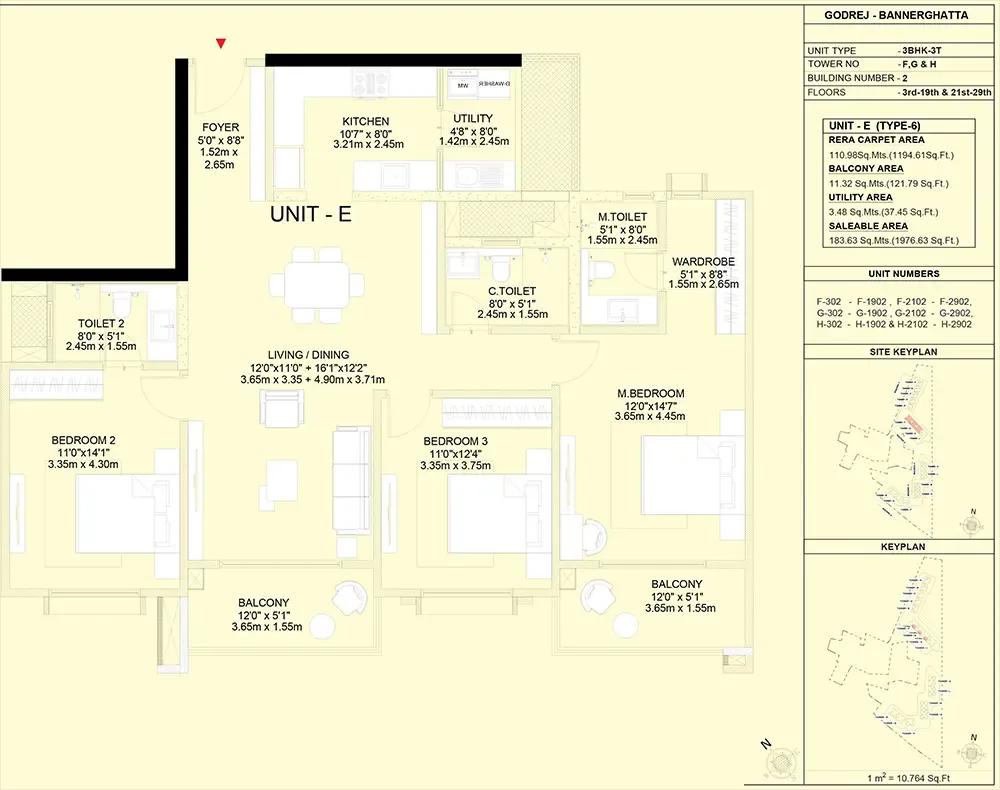 Godrej Vanantara 3 BHK floor plan, about 1,976 sq ft