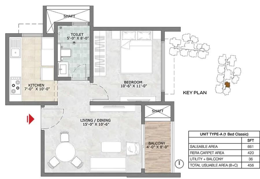 Prestige Suncrest Apartments 1 BHK floor plan, about 661 sq ft