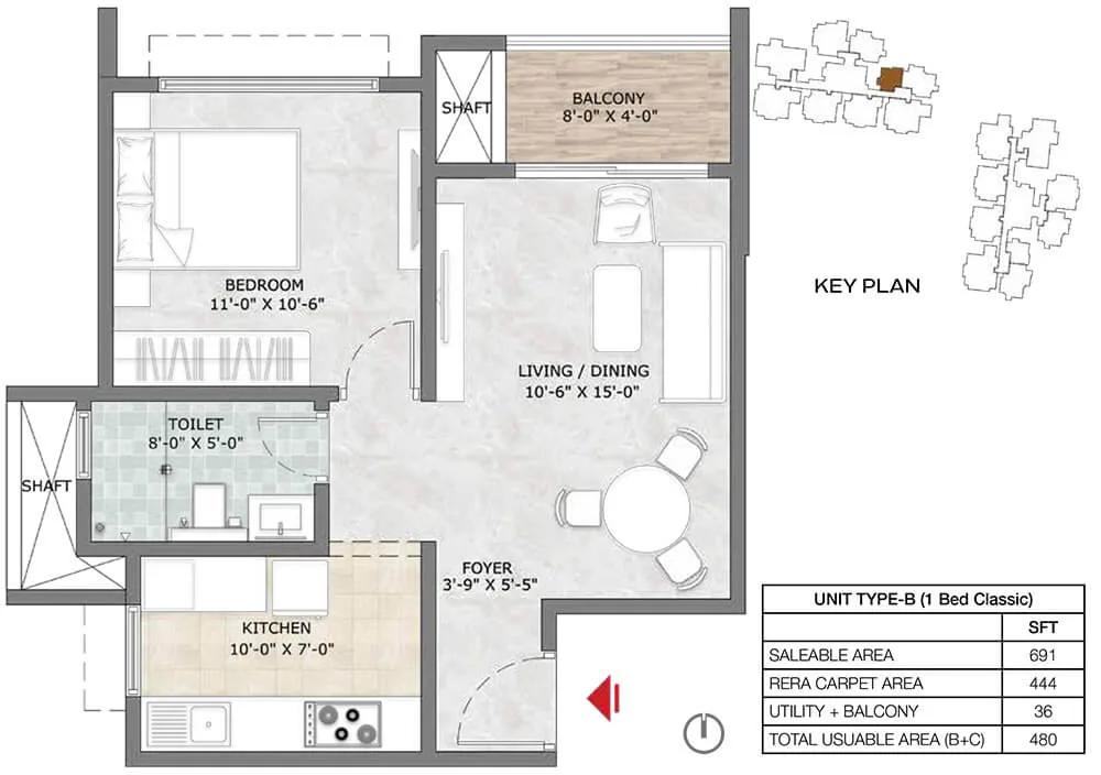 Prestige Suncrest Apartments 1 BHK floor plan, about 691 sq ft