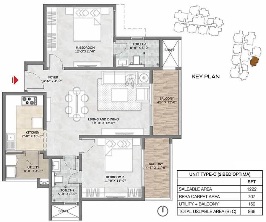 Prestige Suncrest Apartments 2 BHK floor plan, about 1,222 sq ft