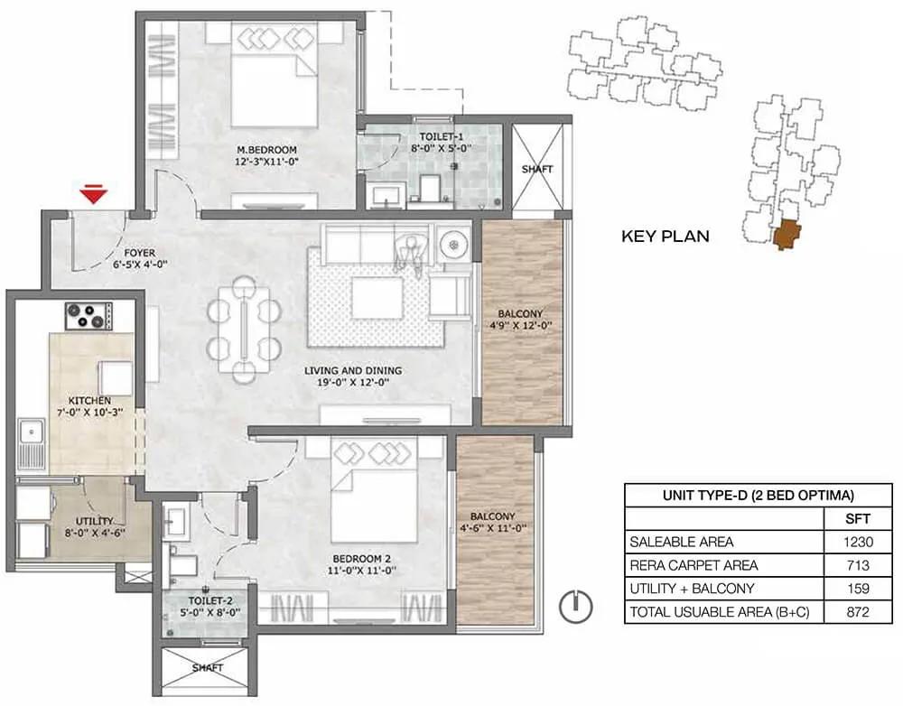 Prestige Suncrest Apartments 2 BHK floor plan, about 1,230 sq ft