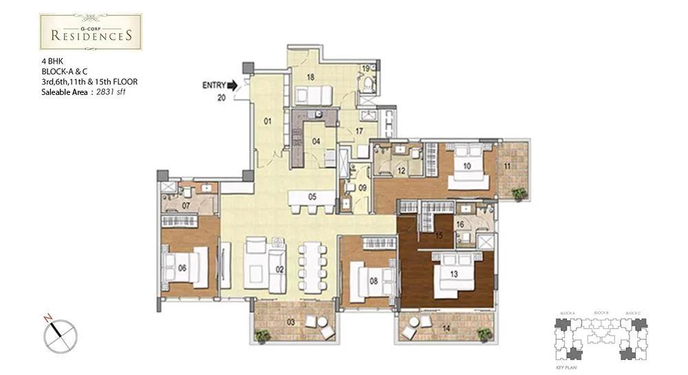 G Corp Residences 4 BHK floor plan, about 2,831 sq ft