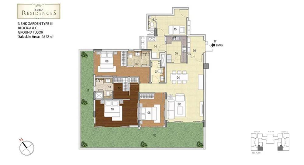 G Corp Residences 3 BHK floor plan, about 2,612 sq ft