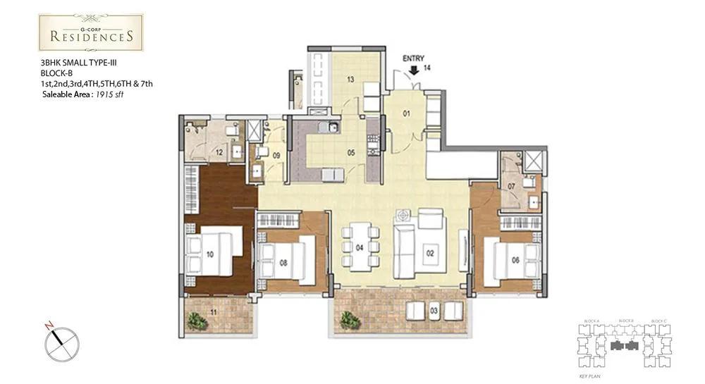 G Corp Residences 3 BHK floor plan, about 1,915 sq ft