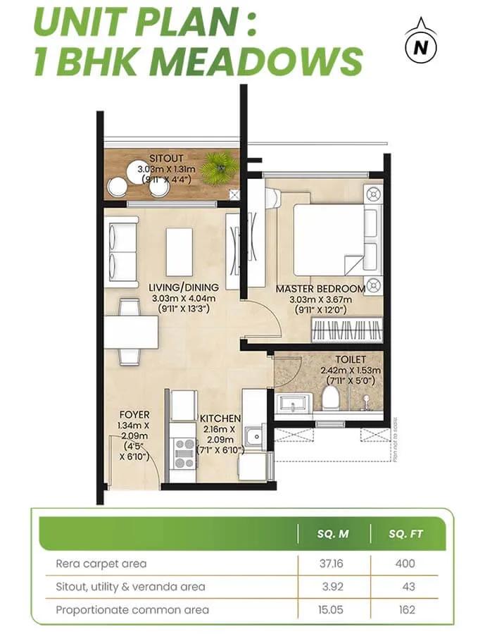 Mahindra Eden 1 BHK floor plan, about 605 sq ft