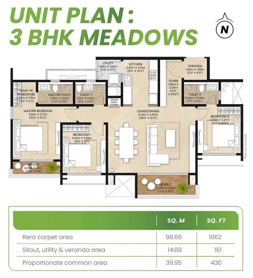 Mahindra Eden 3 BHK floor plan, about 1,062 sq ft