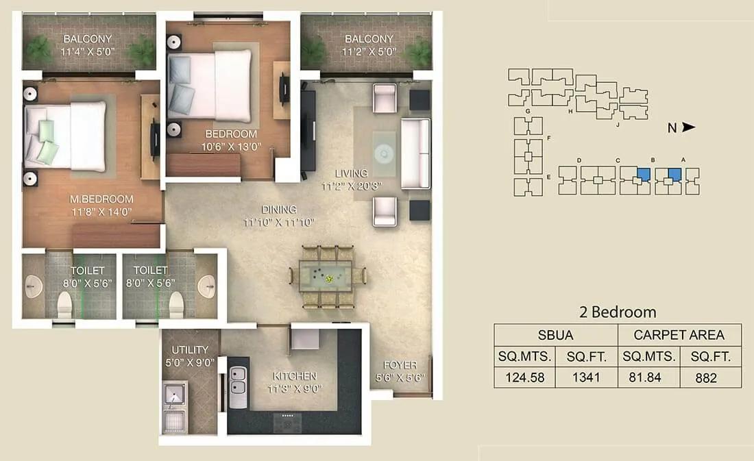 Adarsh Palm Retreat Lake Front 2 BHK floor plan, about 1,341 sq ft