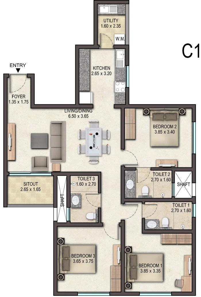 Sobha Avenue 3 BHK floor plan
