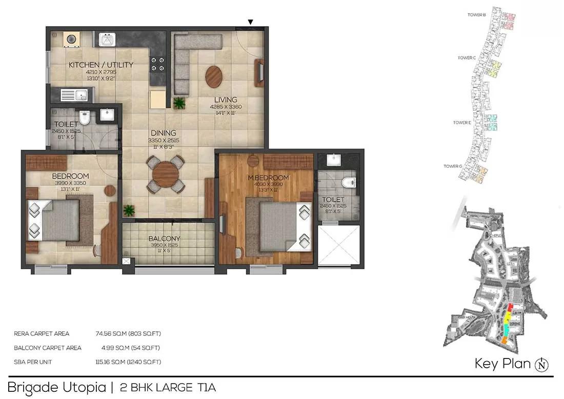 Brigade Utopia 2 BHK floor plan, about 1,240 sq ft