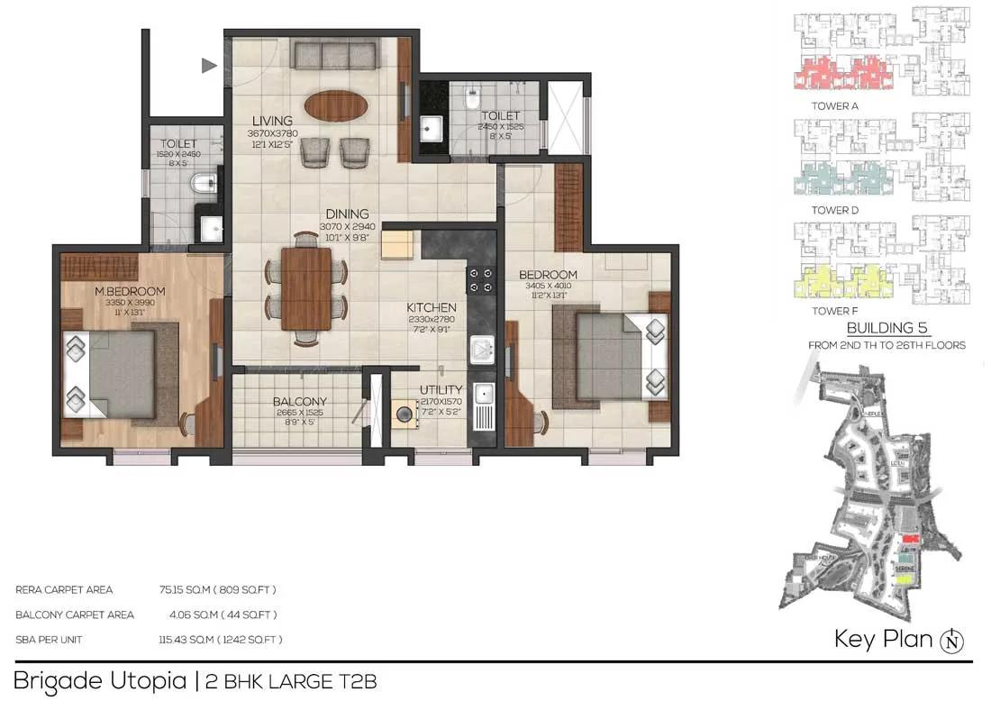 Brigade Utopia 2 BHK floor plan, about 1,242 sq ft