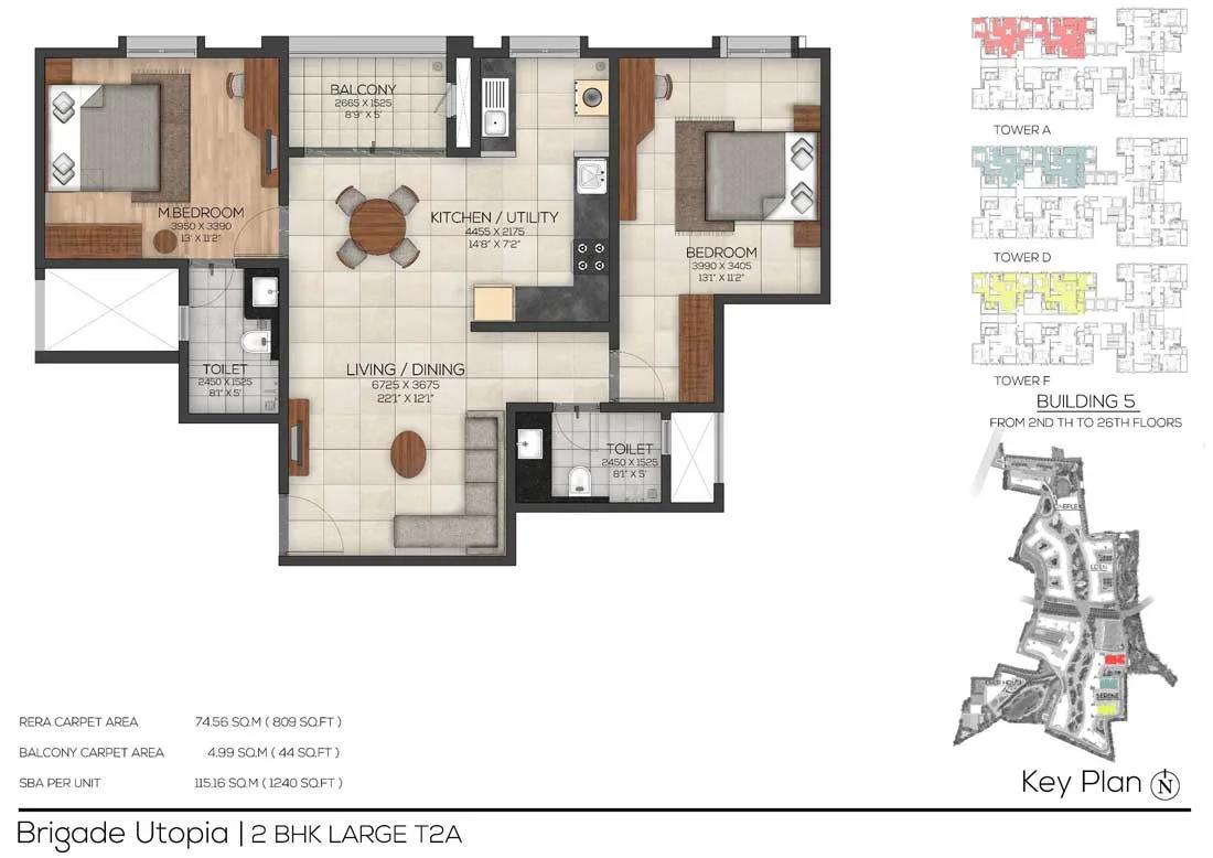 Brigade Utopia 2 BHK floor plan, about 1,240 sq ft