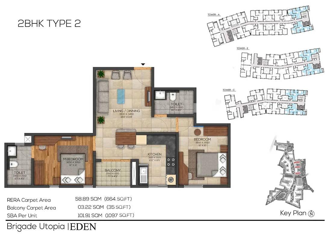 Brigade Utopia 2 BHK floor plan, about 1,097 sq ft