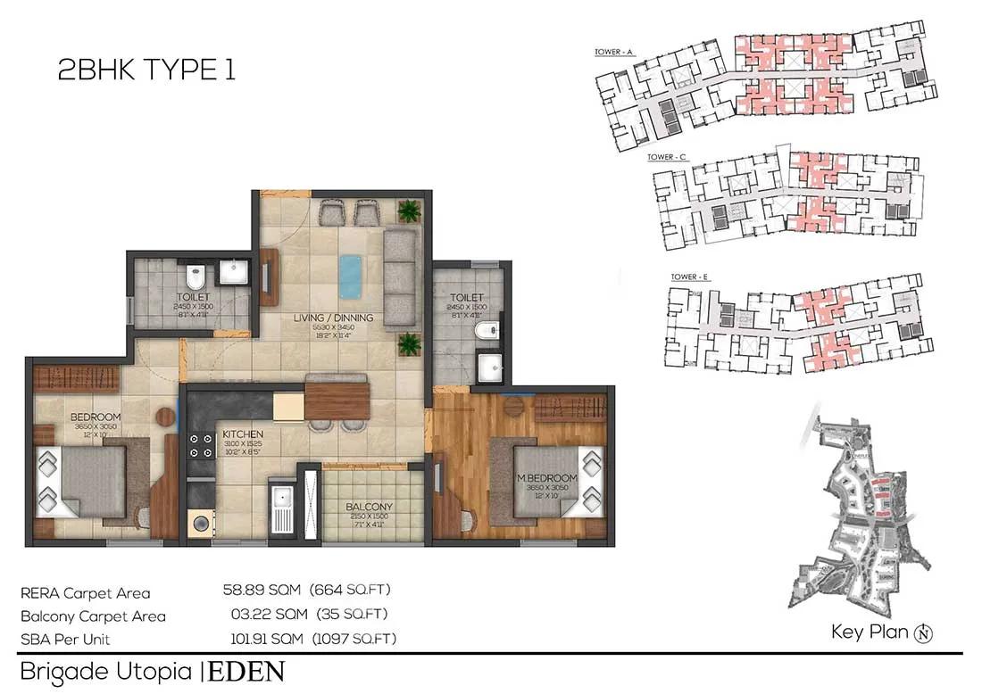 Brigade Utopia 2 BHK floor plan, about 1,097 sq ft
