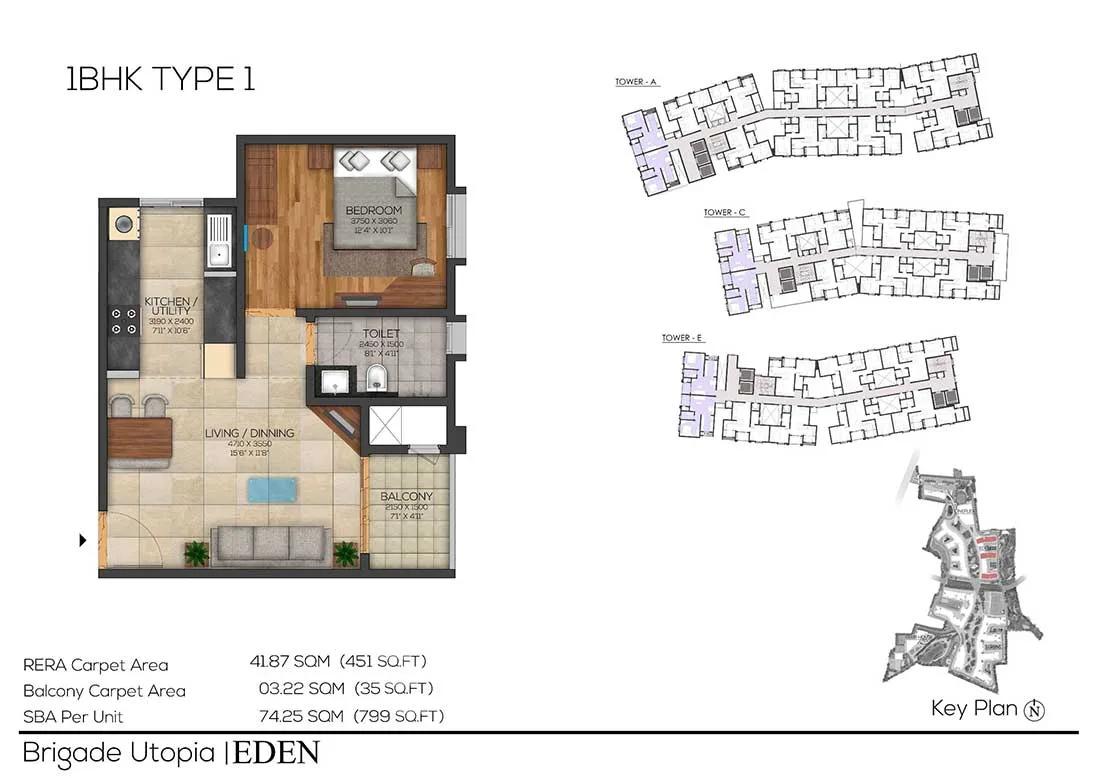 Brigade Utopia 1 BHK floor plan, about 799 sq ft