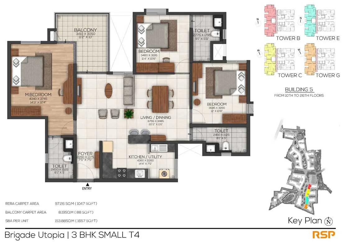 Brigade Utopia 3 BHK floor plan, about 1,657 sq ft
