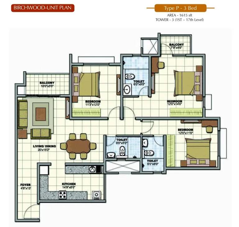 Prestige Sunrise Park 3 BHK floor plan, about 1,615 sq ft