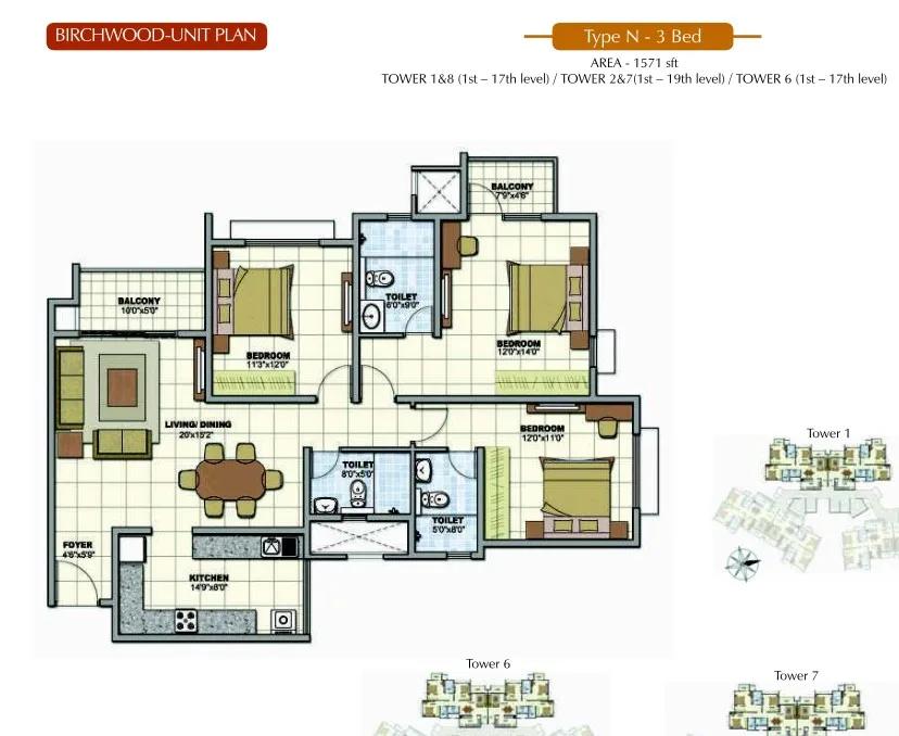 Prestige Sunrise Park 3 BHK floor plan, about 1,571 sq ft