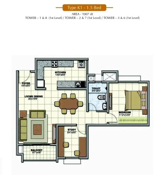 Prestige Sunrise Park 5 BHK floor plan, about 1,007 sq ft