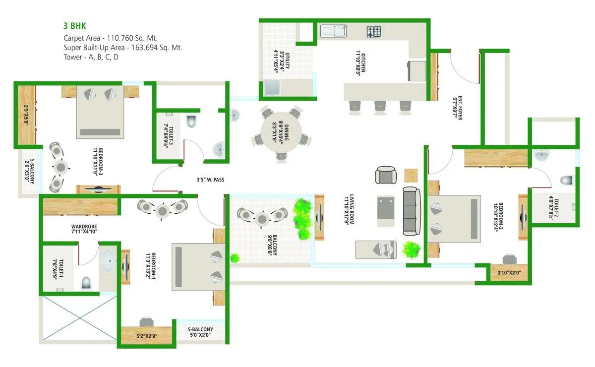 Alembic Urban Forest 3 BHK floor plan