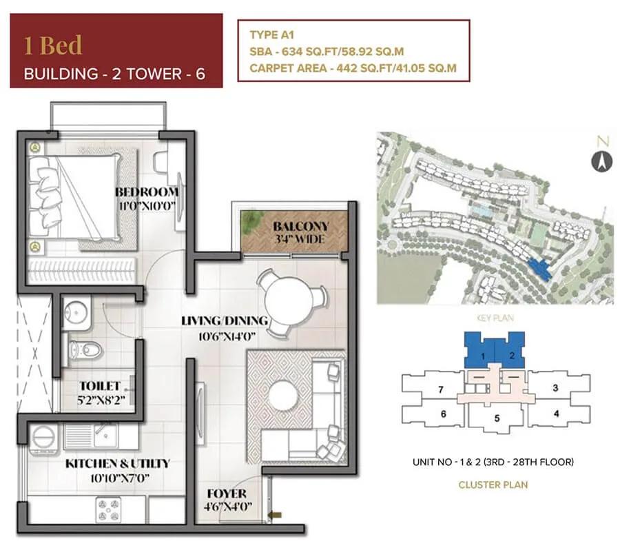 Prestige City Eden Park 1 BHK floor plan, about 634 sq ft