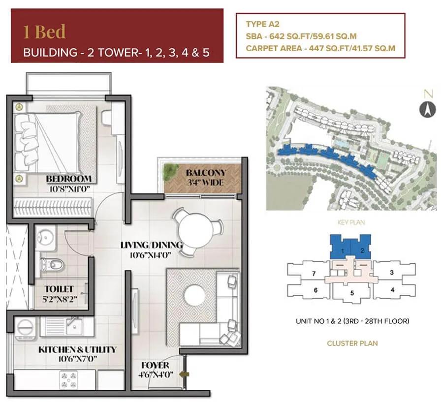 Prestige City Eden Park 1 BHK floor plan, about 642 sq ft