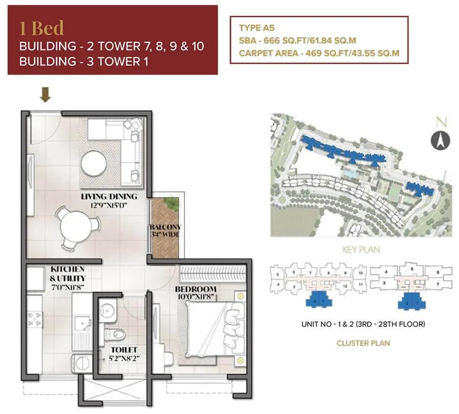 Prestige City Eden Park 1 BHK floor plan, about 666 sq ft