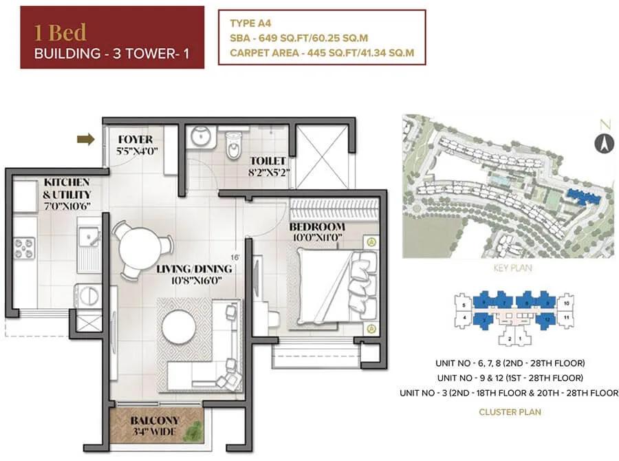 Prestige City Eden Park 1 BHK floor plan, about 649 sq ft