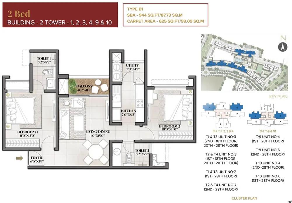 Prestige City Eden Park 2 BHK floor plan, about 944 sq ft