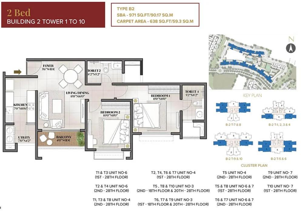 Prestige City Eden Park 2 BHK floor plan, about 971 sq ft