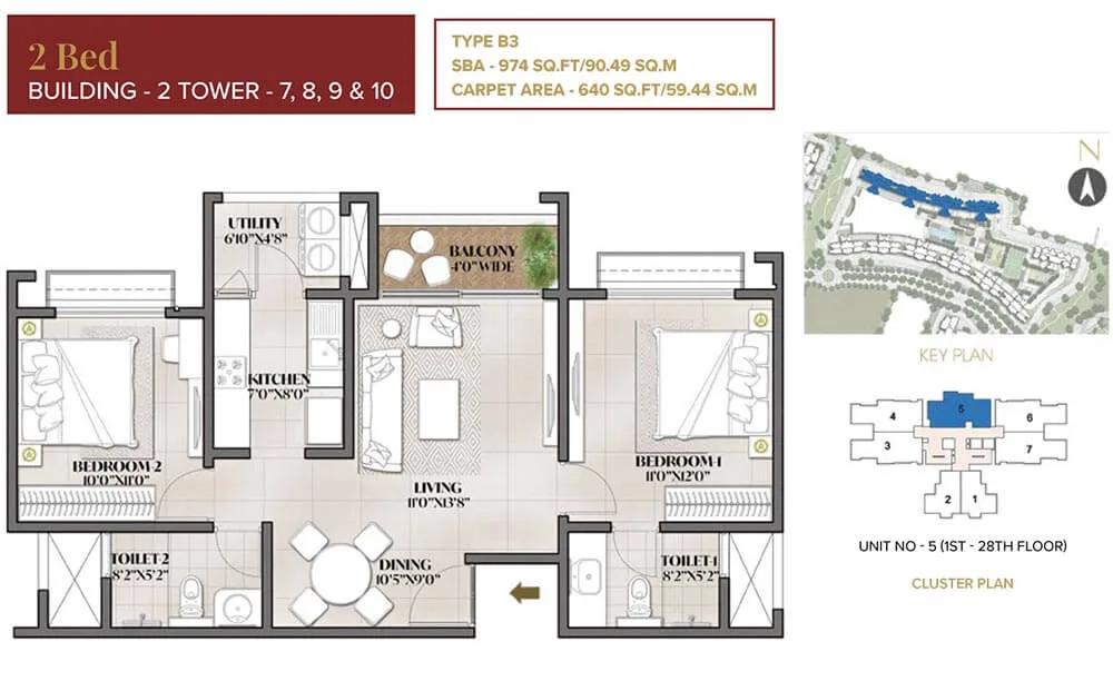 Prestige City Eden Park 2 BHK floor plan, about 974 sq ft