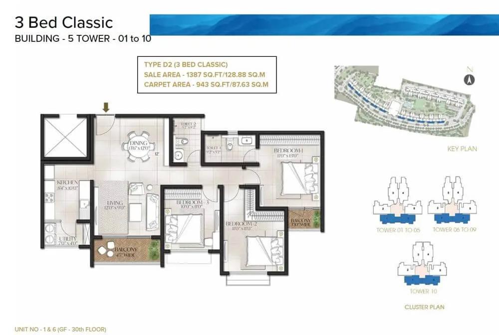 Prestige Meridian Park 3 BHK floor plan, about 1,387 sq ft