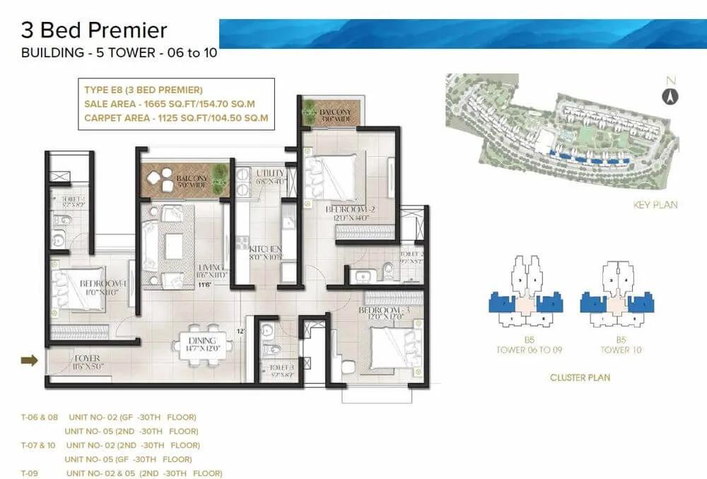 Prestige Meridian Park 3 BHK floor plan, about 1,665 sq ft