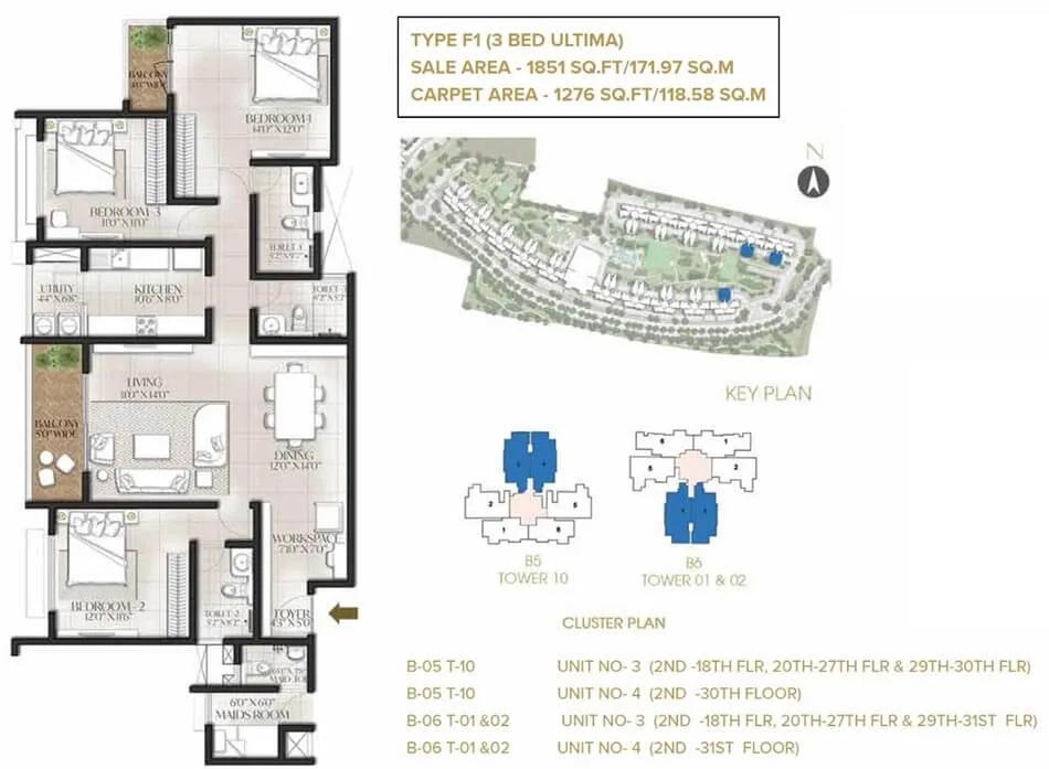 Prestige Meridian Park 3 BHK floor plan, about 1,851 sq ft