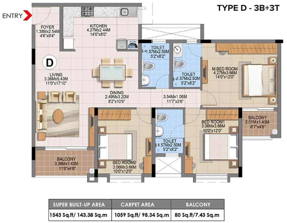 Brigade Gem 3 BHK floor plan, about 1,543 sq ft